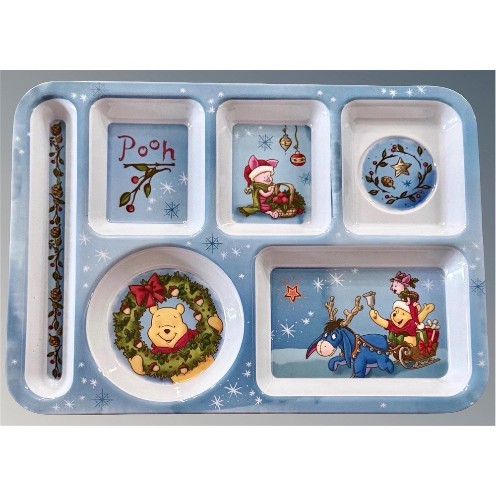 Disney Winnie the Pooh Christmas Divided Tray Kids Holiday Plate Blue 6 Section